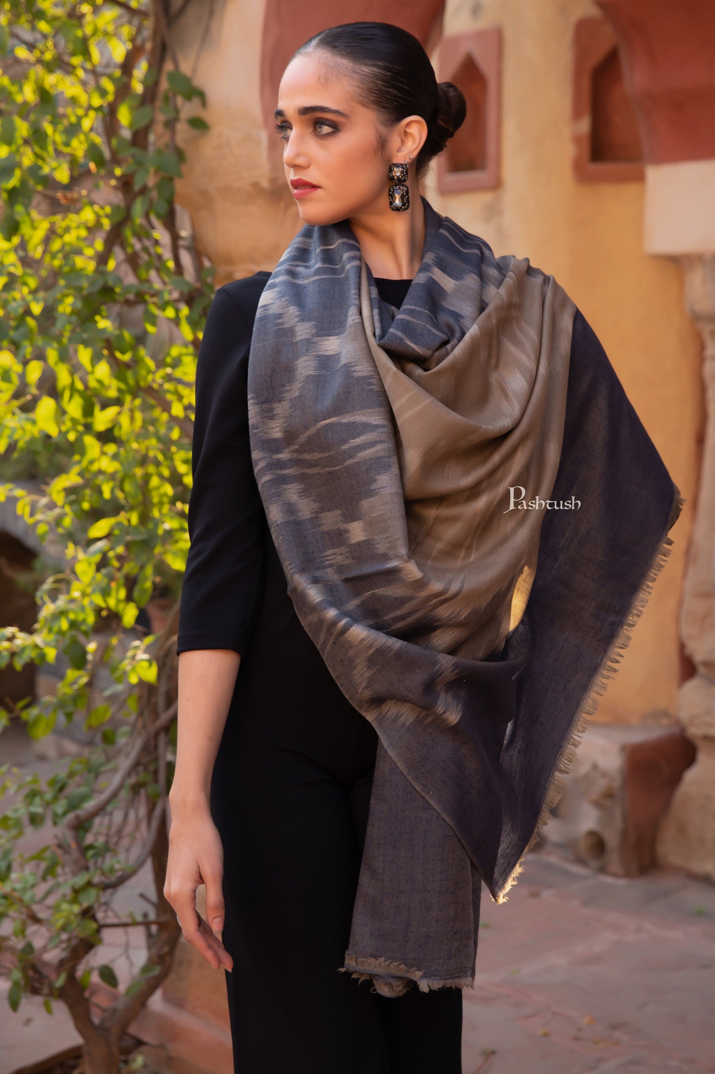 Pashtush India Womens Stoles and Scarves Scarf Pashtush Womens Extra Fine Wool Silk Stole, Ikkat Design, Taupe