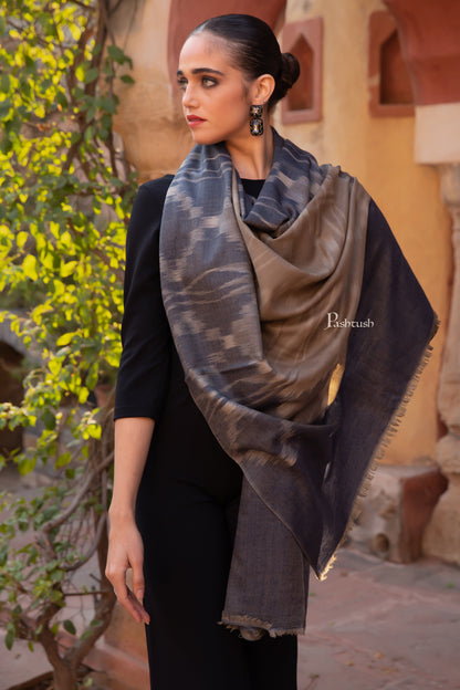 Pashtush India Womens Stoles and Scarves Scarf Pashtush Womens Extra Fine Wool Silk Stole, Ikkat Design, Taupe