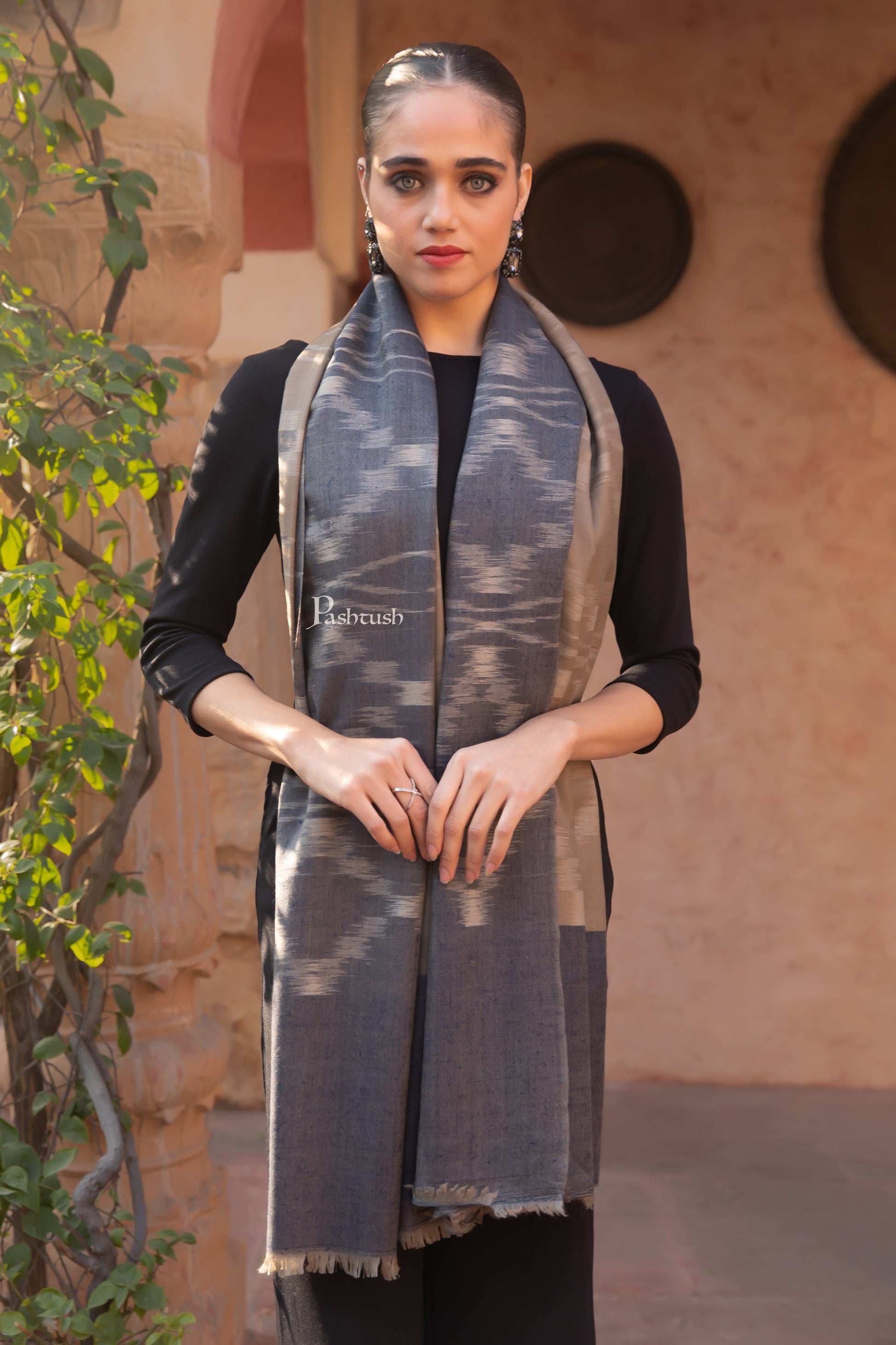 Pashtush India Womens Stoles and Scarves Scarf Pashtush Womens Extra Fine Wool Silk Stole, Ikkat Design, Taupe
