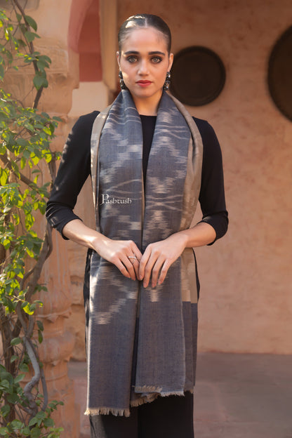 Pashtush India Womens Stoles and Scarves Scarf Pashtush Womens Extra Fine Wool Silk Stole, Ikkat Design, Taupe