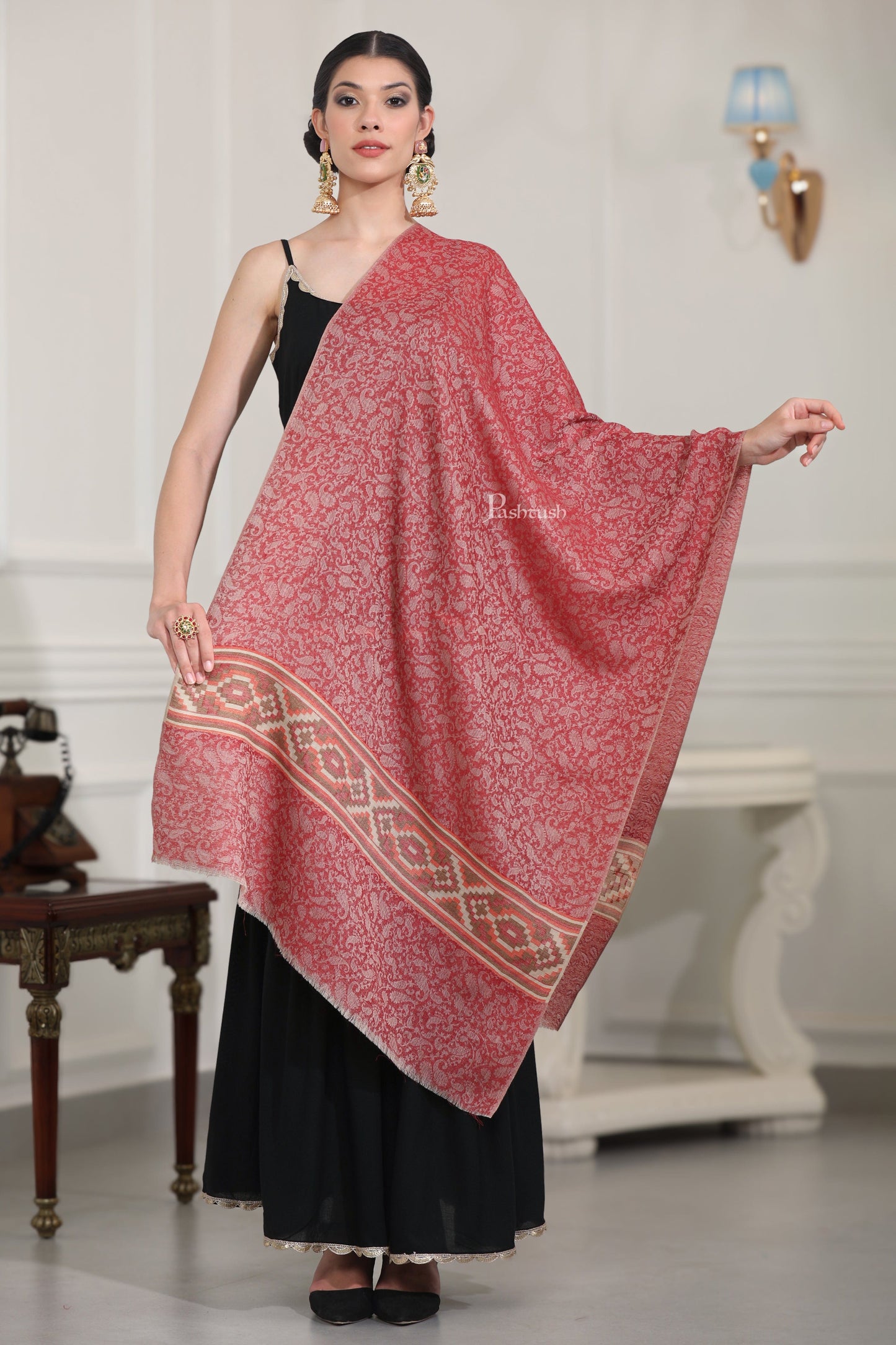 Pashtush India Womens Stoles Pashtush Womens Extra Fine Wool Stole, Aztec Weave Design, Maroon