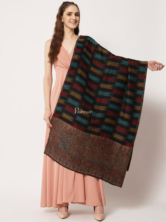 Pashtush India Womens Stoles and Scarves Scarf Pashtush Womens Extra Fine Wool Stole, Aztec Weave With Zari Design, Multicolour