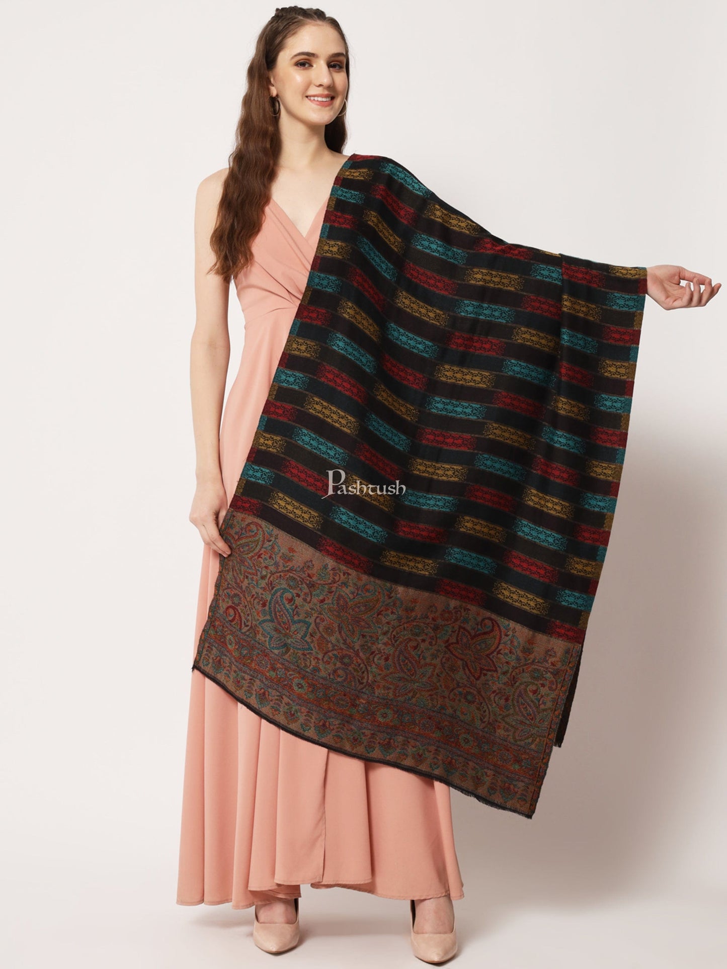 Pashtush India Womens Stoles and Scarves Scarf Pashtush Womens Extra Fine Wool Stole, Aztec Weave With Zari Design, Multicolour