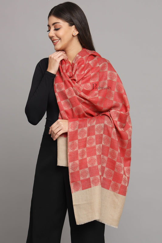 Pashtush India Womens Stoles and Scarves Scarf Pashtush Womens Extra Fine Wool Stole, Checkered Design, Beige And Red
