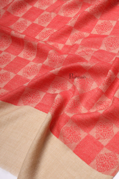 Pashtush India Womens Stoles and Scarves Scarf Pashtush Womens Extra Fine Wool Stole, Checkered Design, Beige And Red