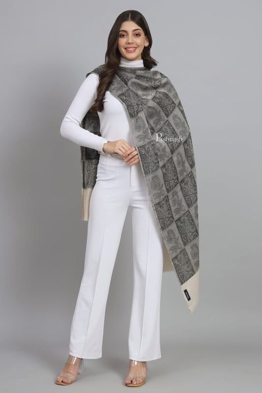 Pashtush India Womens Stoles and Scarves Scarf Pashtush Womens Extra Fine Wool Stole, Checkered Design, Black And Beige