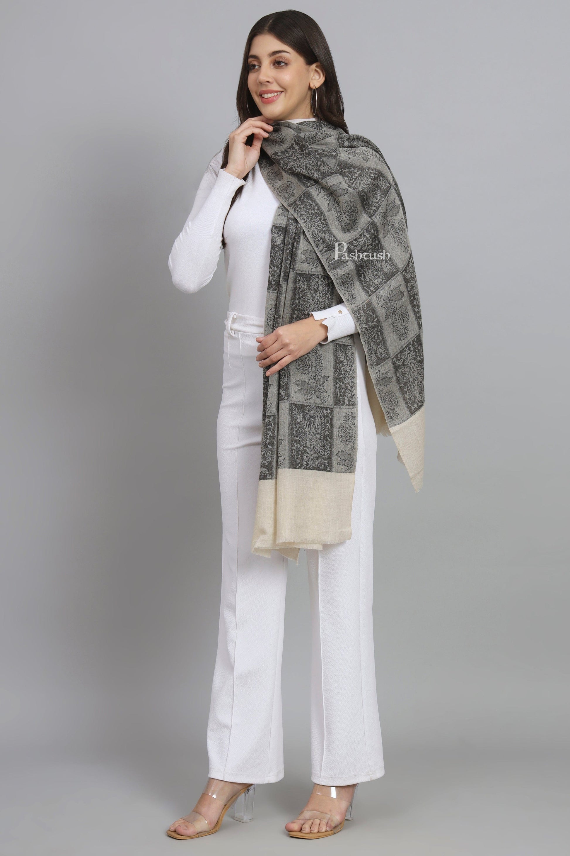Pashtush India Womens Stoles and Scarves Scarf Pashtush Womens Extra Fine Wool Stole, Checkered Design, Black And Beige