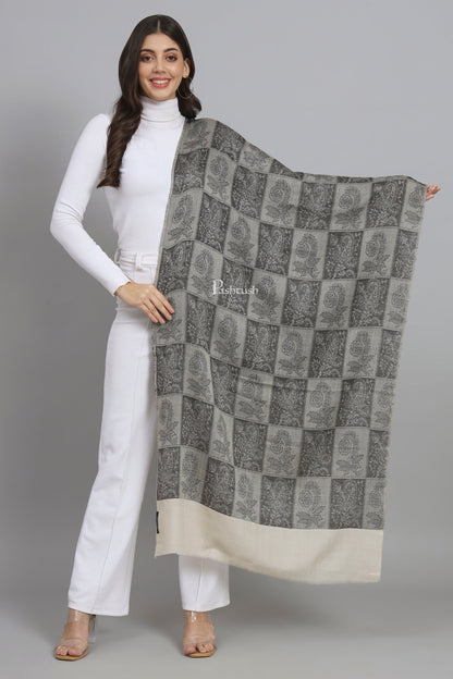 Pashtush India Womens Stoles and Scarves Scarf Pashtush Womens Extra Fine Wool Stole, Checkered Design, Black And Beige