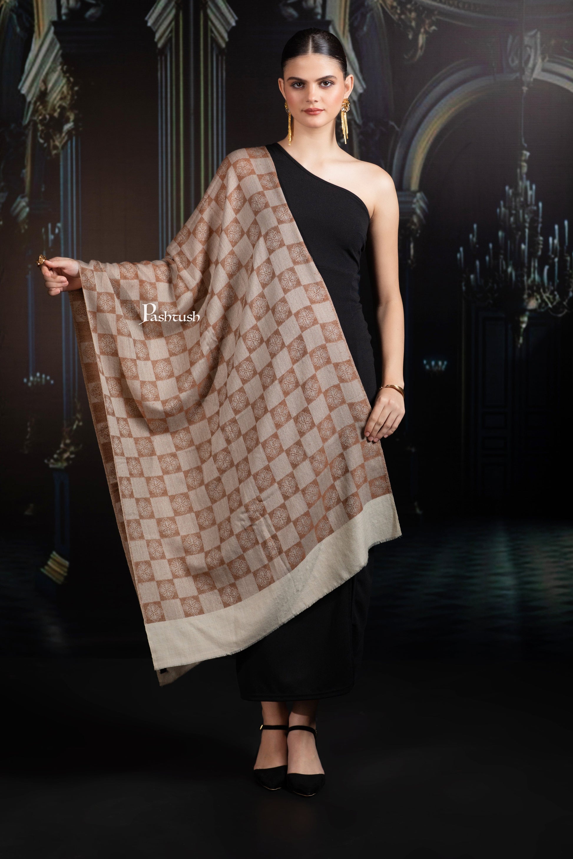 Pashtush India womens scarf and Stoles Pashtush Womens Extra Fine Wool Stole, Checkered Design, Coffee And Beige