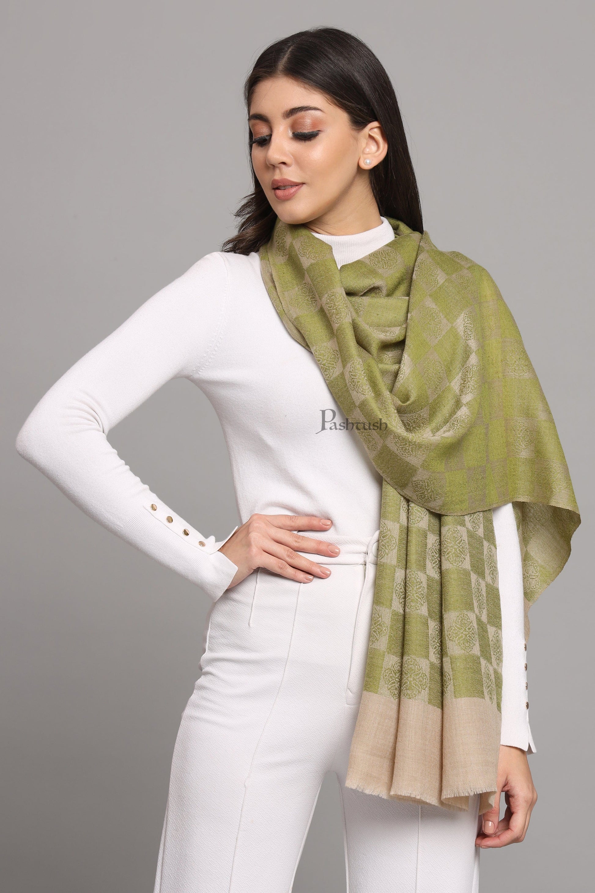 Pashtush India Womens Stoles and Scarves Scarf Pashtush Womens Extra Fine Wool Stole, Checkered Design, Green