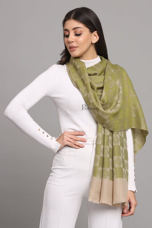 Pashtush India Womens Stoles and Scarves Scarf Pashtush Womens Extra Fine Wool Stole, Checkered Design, Green