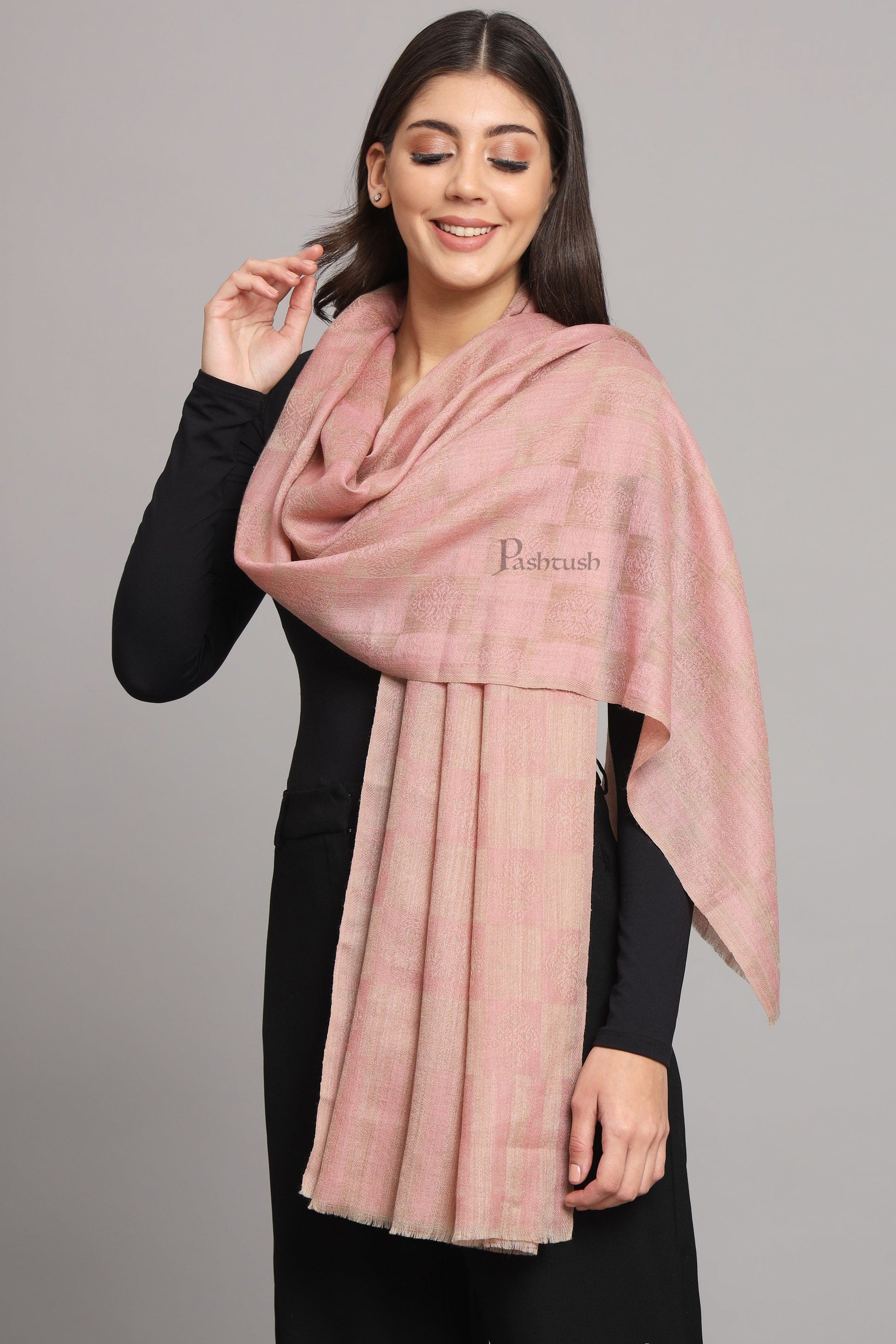 Pashtush India Womens Stoles and Scarves Scarf Pashtush Womens Extra Fine Wool Stole, Checkered Design, Pink