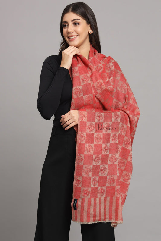 Pashtush India Womens Stoles and Scarves Scarf Pashtush Womens Extra Fine Wool Stole, Checkered Design, Red