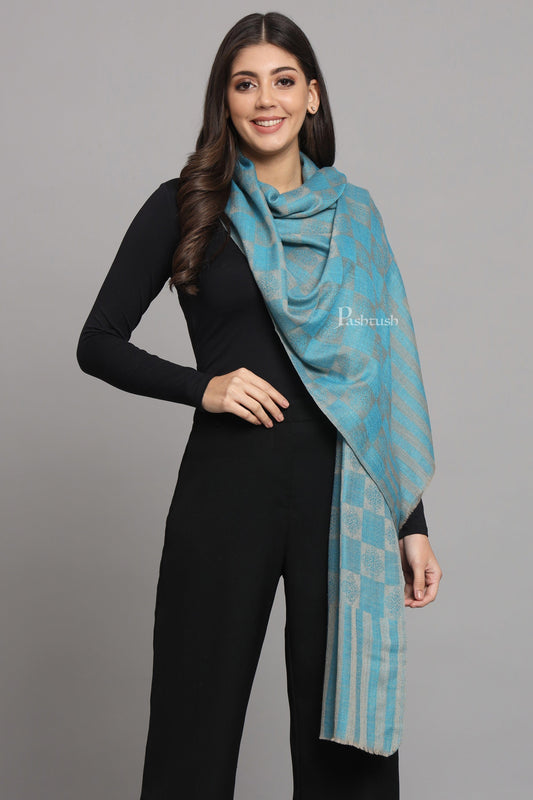 Pashtush India Womens Stoles and Scarves Scarf Pashtush Womens Extra Fine Wool Stole, Checkered Design, Sky Blue