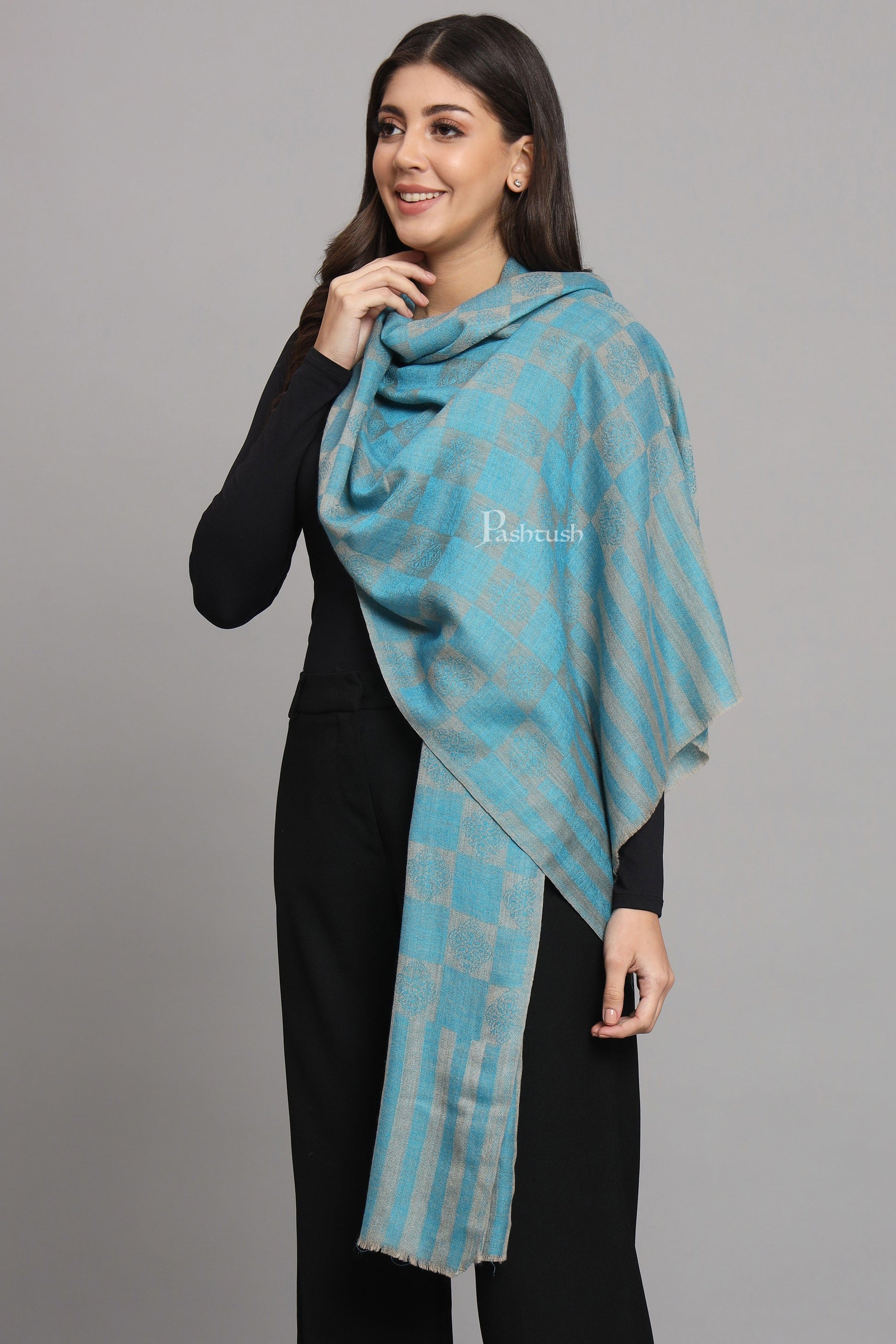 Pashtush India Womens Stoles and Scarves Scarf Pashtush Womens Extra Fine Wool Stole, Checkered Design, Sky Blue