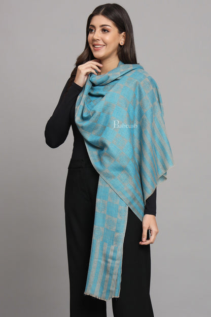 Pashtush India Womens Stoles and Scarves Scarf Pashtush Womens Extra Fine Wool Stole, Checkered Design, Sky Blue