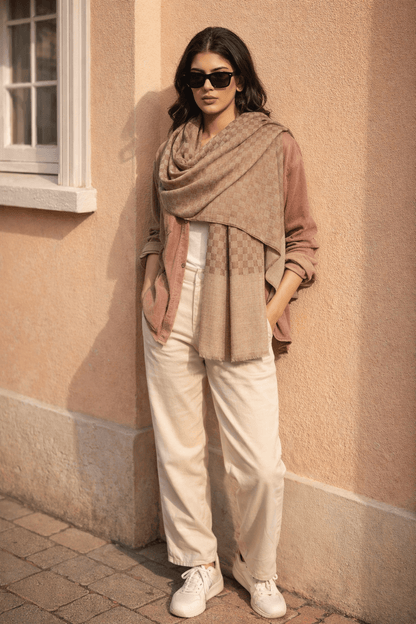 Pashtush India Womens Stoles Pashtush Womens Extra Fine Wool Stole, Checkered Weave Design, Taupe