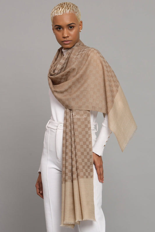 Pashtush India Womens Stoles Pashtush Womens Extra Fine Wool Stole, Checkered Weave Design, Taupe