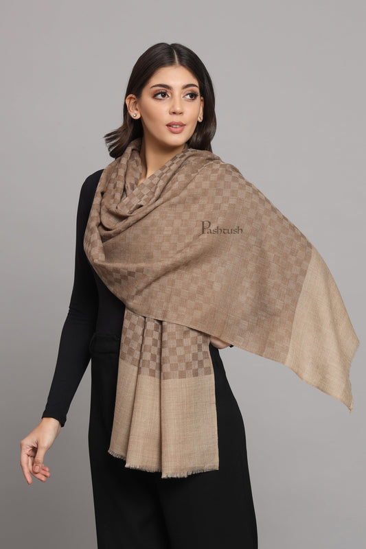 Pashtush India Womens Stoles Pashtush Womens Extra Fine Wool Stole, Checkered Weave Design, Taupe