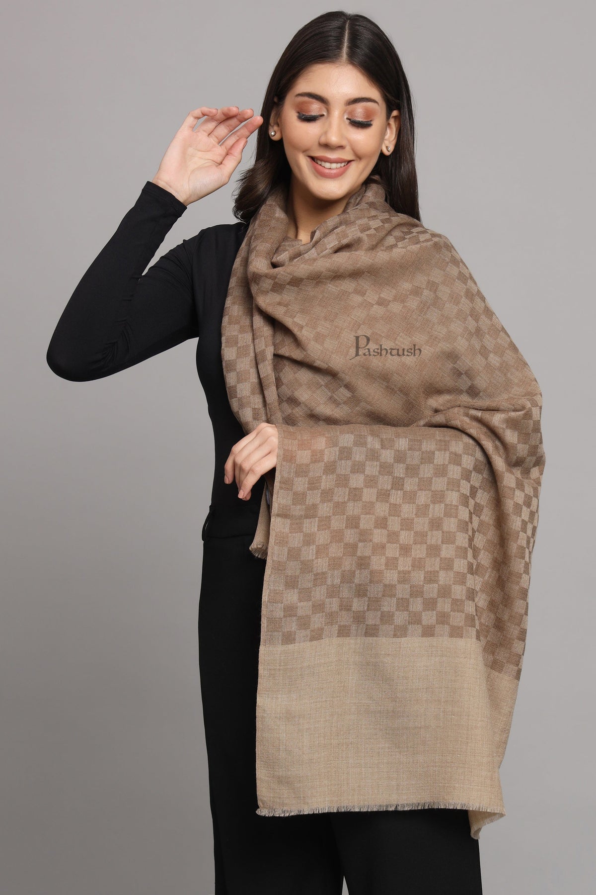 Pashtush India Womens Stoles Pashtush Womens Extra Fine Wool Stole, Checkered Weave Design, Taupe