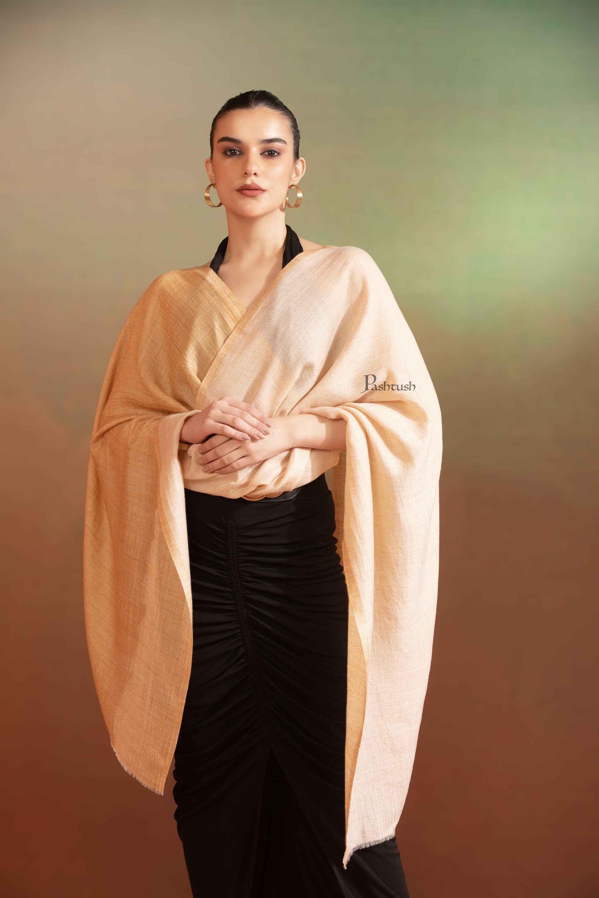 Pashtush India Womens Stoles and Scarves Scarf Pashtush Womens Extra Fine Wool Stole, Design, Grey Gold