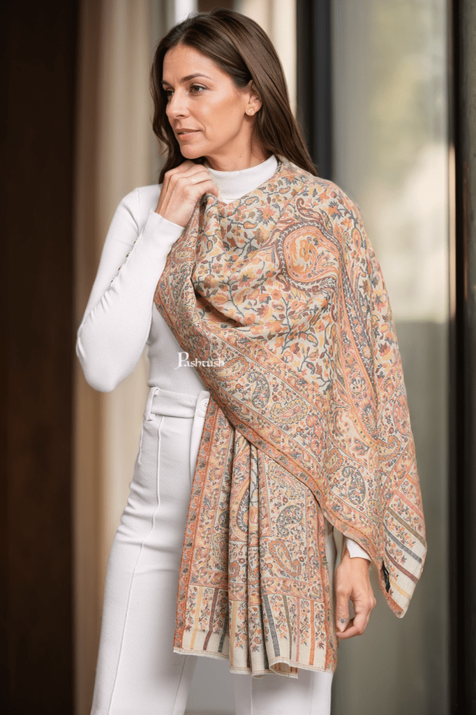 Pashtush India Womens Stoles and Scarves Scarf Pashtush Womens Extra Fine Wool Stole, Ethnic Weave Woven Design, Beige