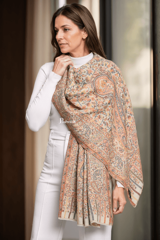 Pashtush India Womens Stoles and Scarves Scarf Pashtush Womens Extra Fine Wool Stole, Ethnic Weave Woven Design, Beige