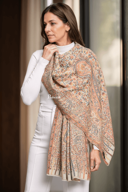 Pashtush India Womens Stoles and Scarves Scarf Pashtush Womens Extra Fine Wool Stole, Ethnic Weave Woven Design, Beige
