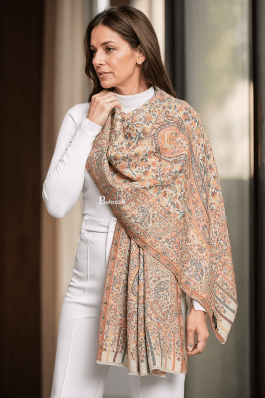Pashtush India Womens Stoles and Scarves Scarf Pashtush Womens Extra Fine Wool Stole, Ethnic Weave Woven Design, Beige
