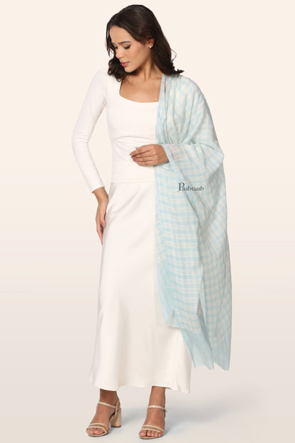 Pashtush India Womens Stoles and Scarves Scarf Pashtush Womens Extra Fine Wool Stole, Hand Embroidery Checkered Design, Aqua