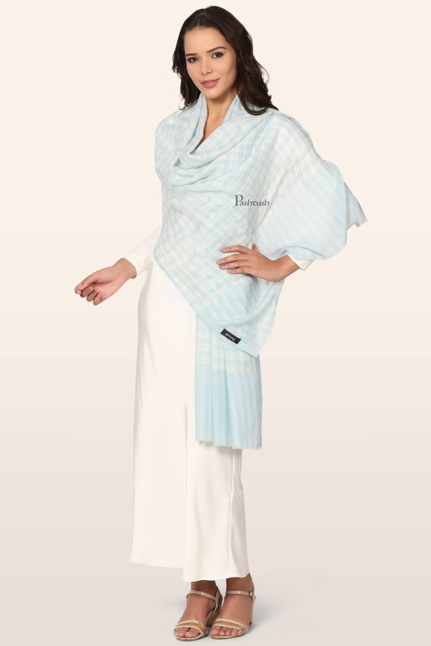 Pashtush India Womens Stoles and Scarves Scarf Pashtush Womens Extra Fine Wool Stole, Hand Embroidery Checkered Design, Aqua