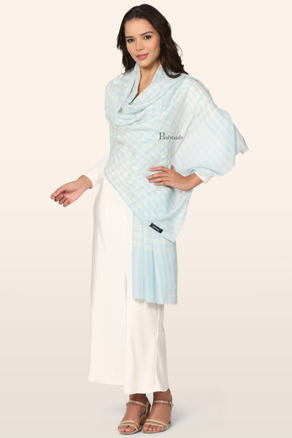 Pashtush India Womens Stoles and Scarves Scarf Pashtush Womens Extra Fine Wool Stole, Hand Embroidery Checkered Design, Aqua