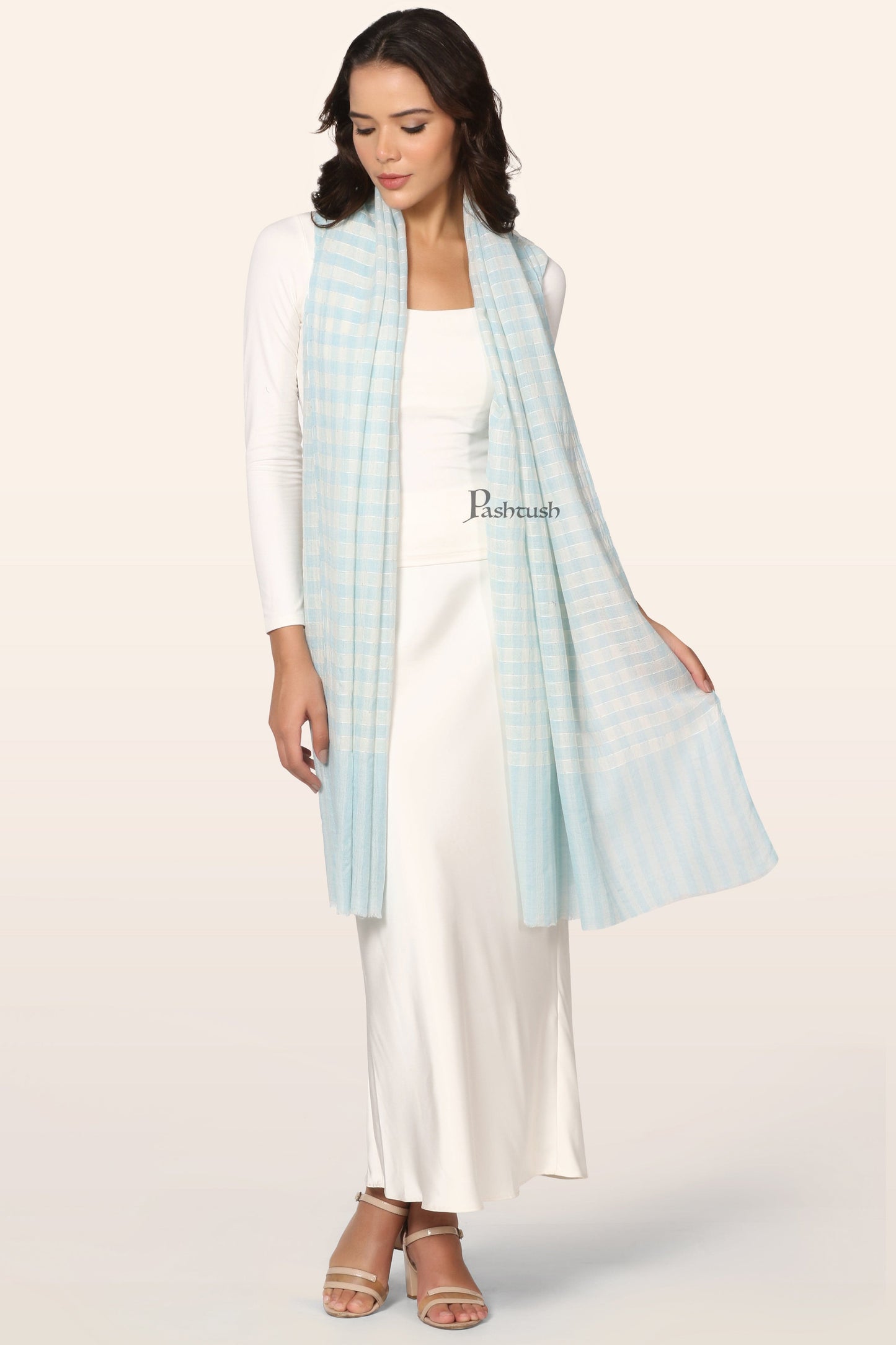 Pashtush India Womens Stoles and Scarves Scarf Pashtush Womens Extra Fine Wool Stole, Hand Embroidery Checkered Design, Aqua