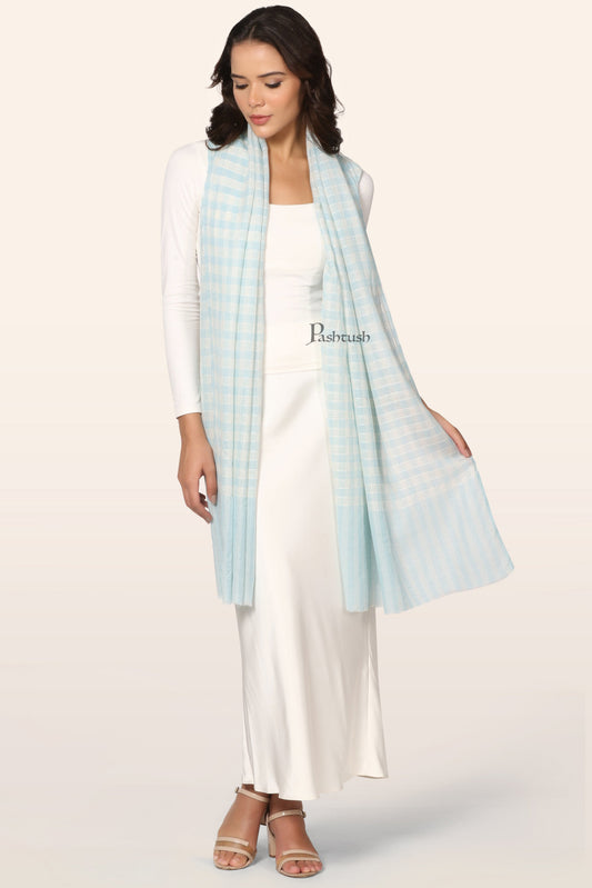 Pashtush India Womens Stoles and Scarves Scarf Pashtush Womens Extra Fine Wool Stole, Hand Embroidery Checkered Design, Aqua