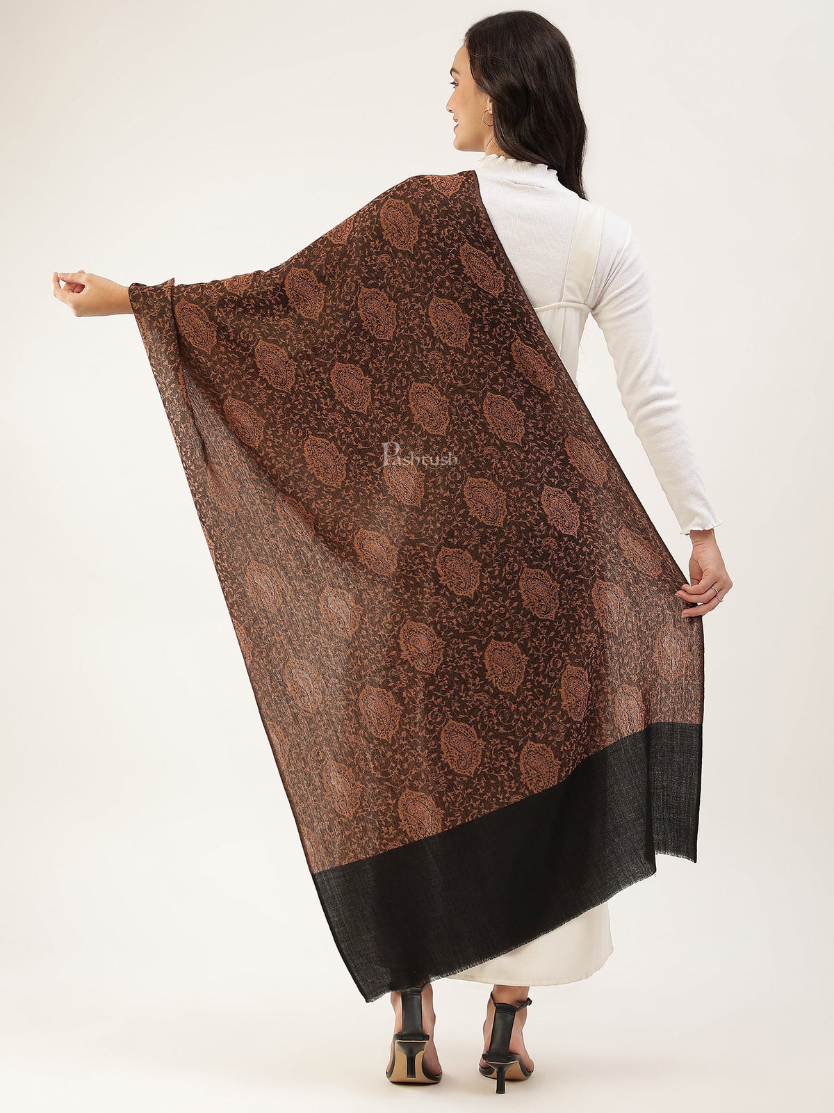 Pashtush India Womens Stoles and Scarves Scarf Pashtush Womens Extra Fine Wool stole, jacquard design, Black