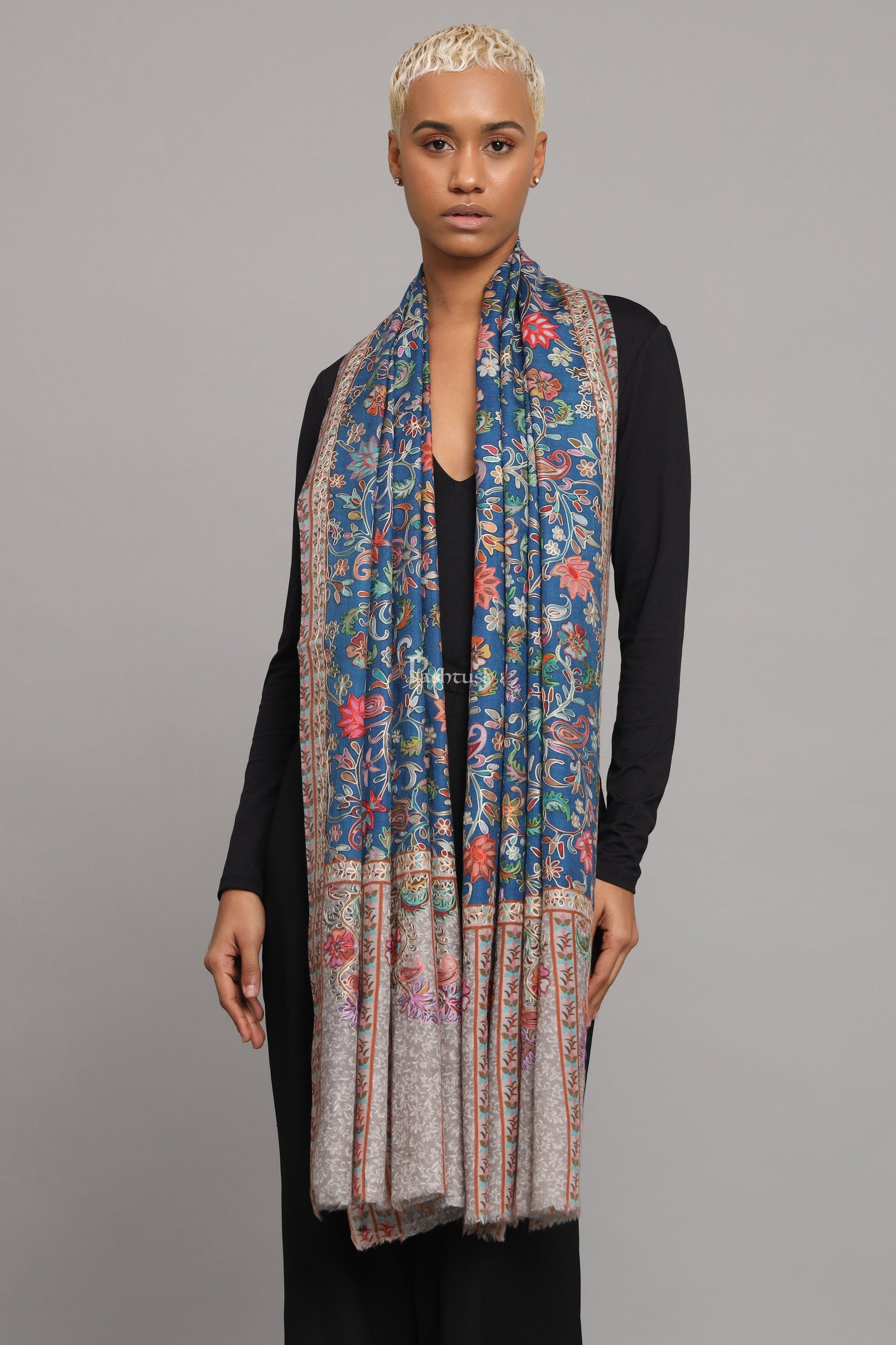 Pashtush India Womens Stoles Pashtush Womens Extra Fine Wool Stole, Kalamkari Embroidery Design, Blue