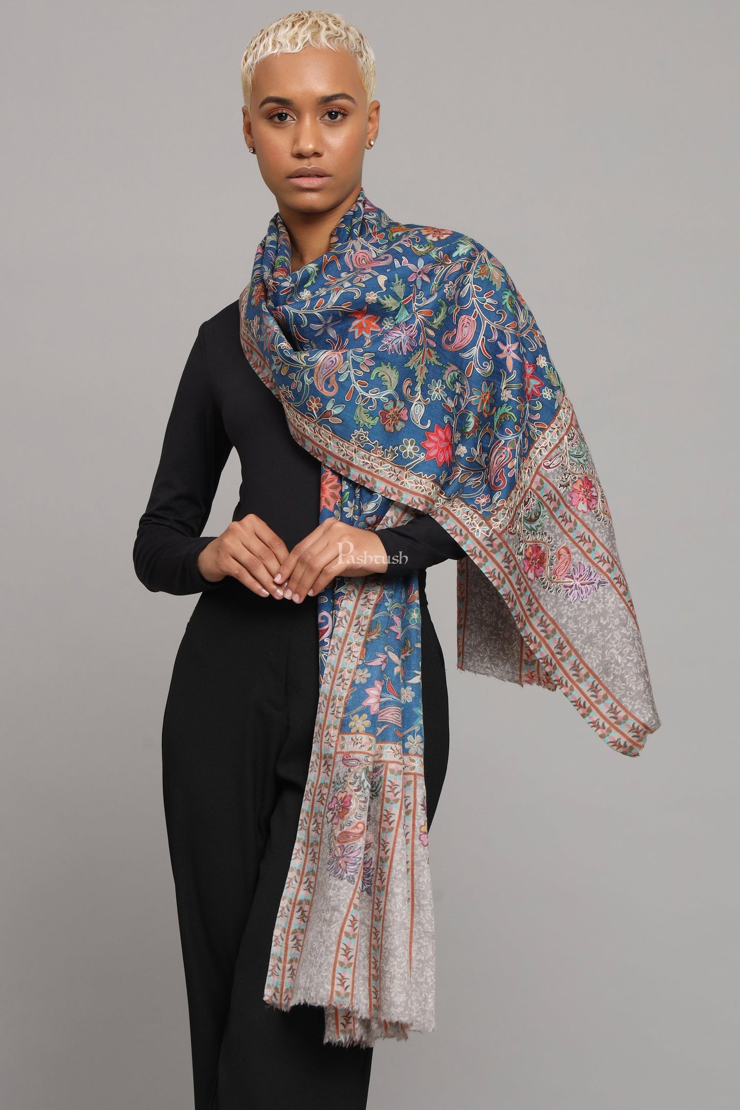 Pashtush India Womens Stoles Pashtush Womens Extra Fine Wool Stole, Kalamkari Embroidery Design, Blue