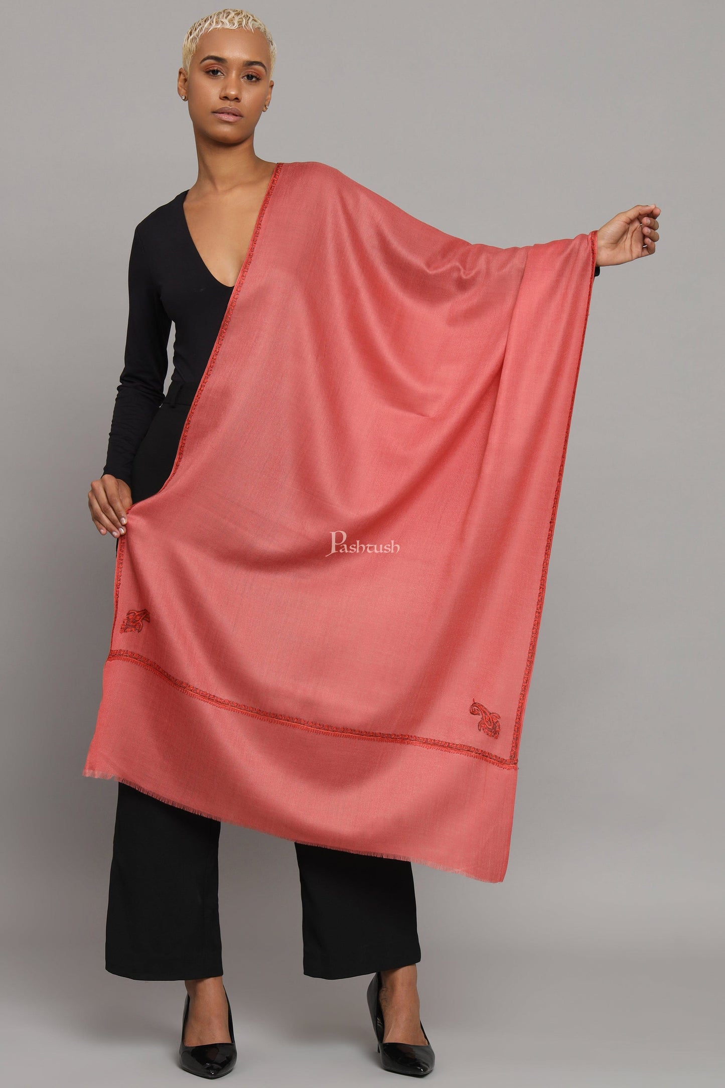 Pashtush India Womens Stoles Pashtush Womens Extra Fine Wool Stole, Kashmiri Hand Embroidery, Kingri Design, Pink