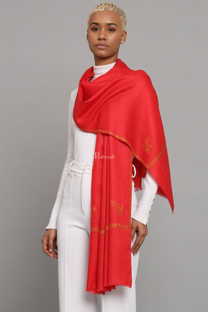 Pashtush India Womens Stoles Pashtush Womens Extra Fine Wool Stole, Kashmiri Hand Embroidery, Kingri Design, Red