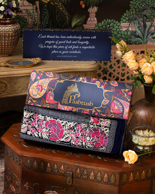 Pashtush India Gift Pack Pashtush Womens Extra Fine Wool Stole, Nalki Embroidery Design, Blue