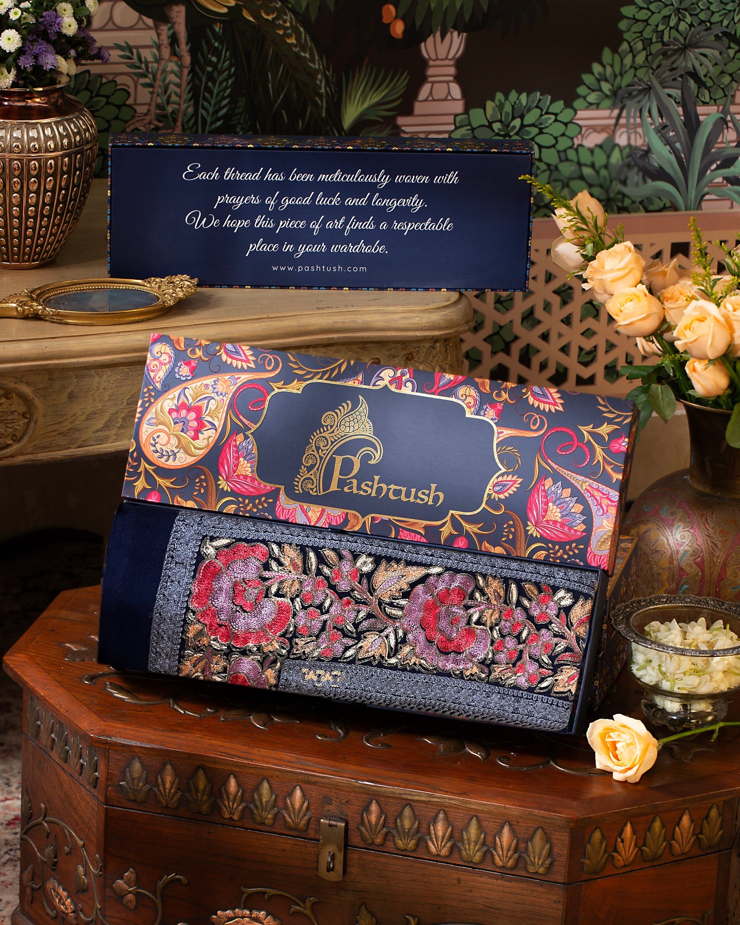 Pashtush India Gift Pack Pashtush Womens Extra Fine Wool Stole, Nalki Embroidery Design, Blue