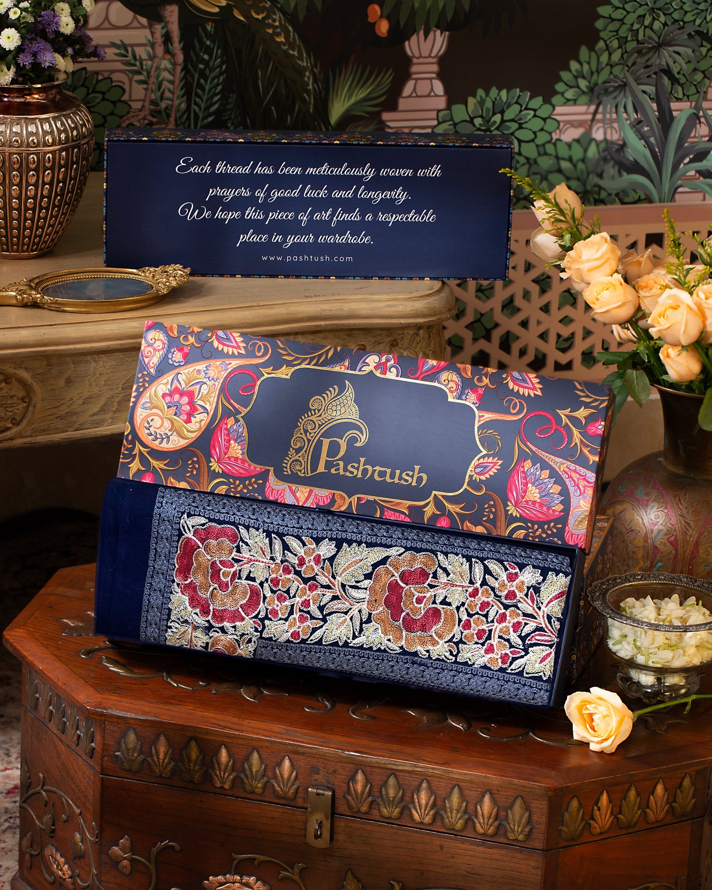 Pashtush India Gift Pack Pashtush Womens Extra Fine Wool Stole, Nalki Embroidery Design, Blue