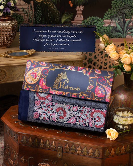 Pashtush India Gift Pack Pashtush Womens Extra Fine Wool Stole, Nalki Embroidery Design, Blue