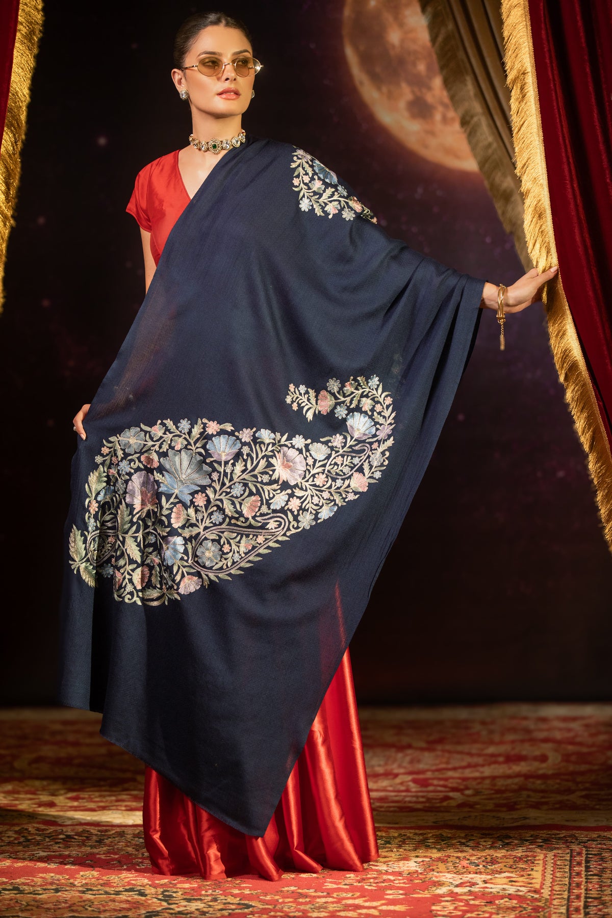 Pashtush India Womens Stole Pashtush Womens Extra Fine Wool Stole, Nalki Embroidery Design, Navy Blue