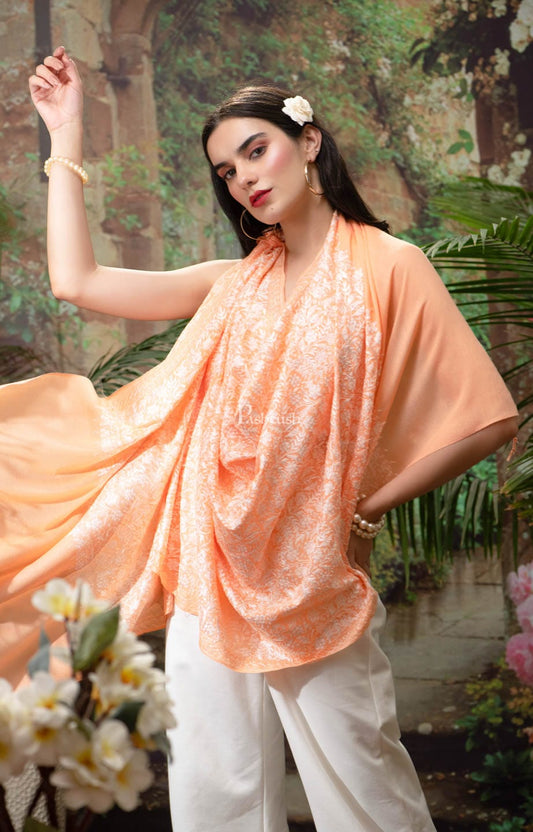 Pashtush India Womens Stoles and Scarves Scarf Pashtush womens Extra Fine Wool stole, Nalki embroidery design, Peach