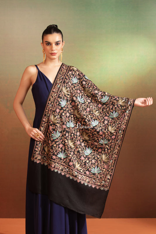 Pashtush India Womens Stole Pashtush Womens Extra Fine Wool Stole, Nalki Hand Embroidered Jaal Design, Black