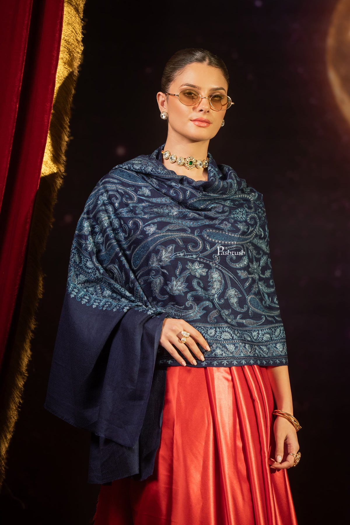 Pashtush India Womens Stole Pashtush Womens Extra Fine Wool Stole, Paisley Design, Navy Blue