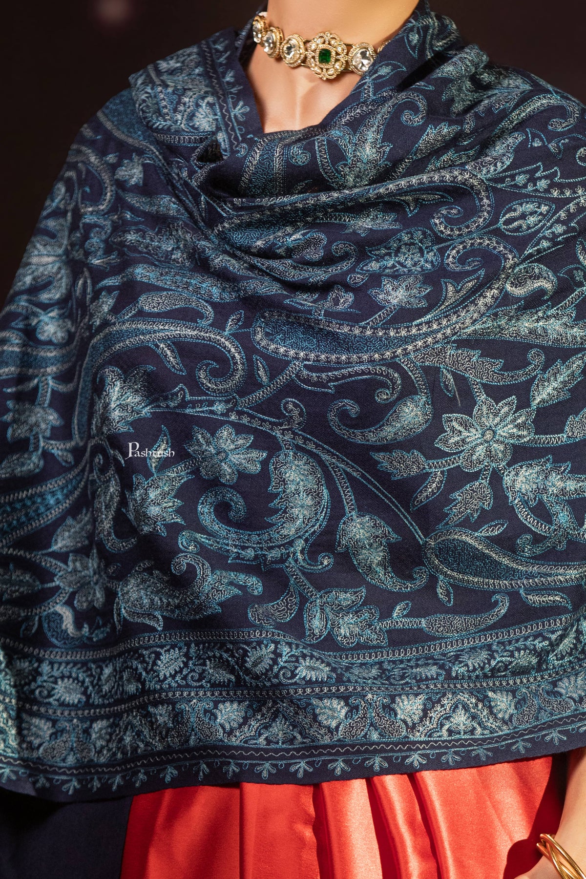 Pashtush India Womens Stole Pashtush Womens Extra Fine Wool Stole, Paisley Design, Navy Blue