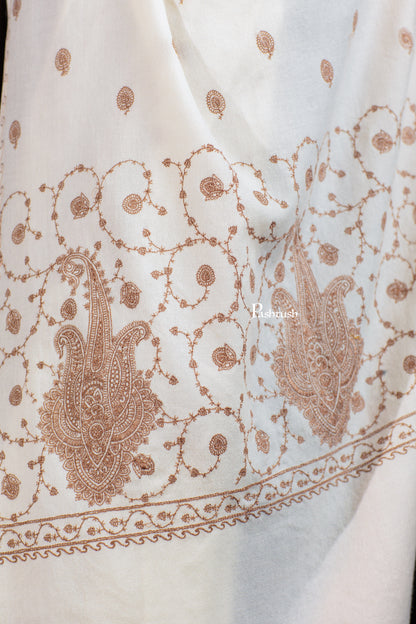 Pashtush India womens scarf and Stoles Pashtush Womens Extra Fine Wool Stole, Paisley Embroidery Palla Design, Ivory