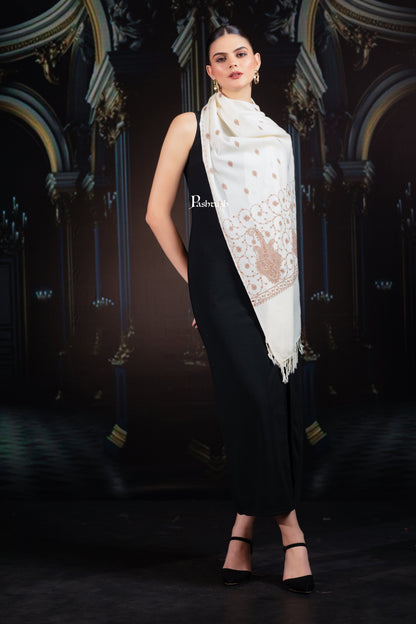 Pashtush India womens scarf and Stoles Pashtush Womens Extra Fine Wool Stole, Paisley Embroidery Palla Design, Ivory